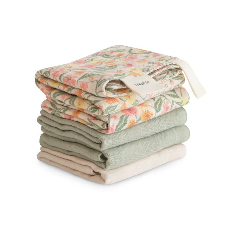 Mushie Muslin Cotton Washcloth 5-Pack Pastel Blooms Combo - five organic cotton washcloths in soft pastel floral patterns