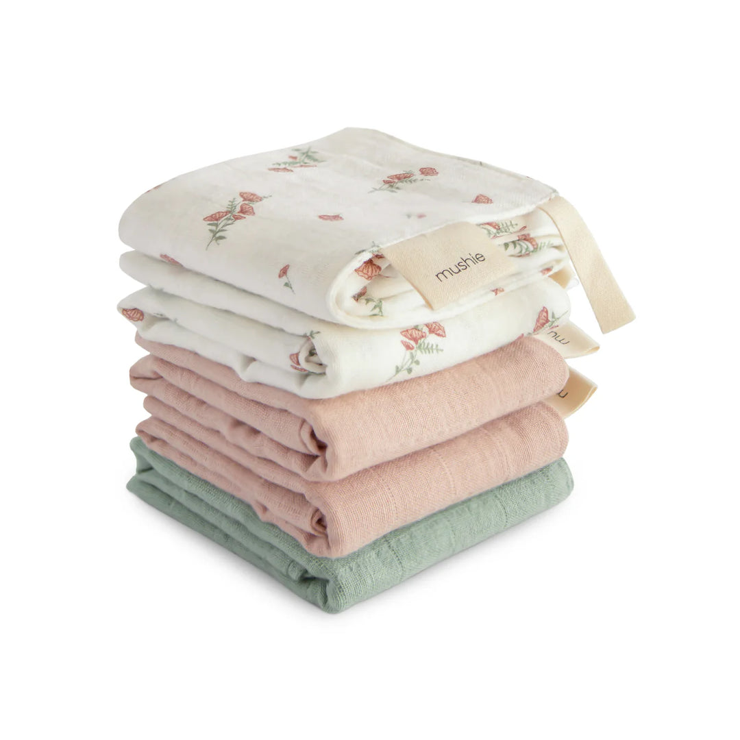 Mushie Muslin Cotton Washcloth 5-Pack Pink Flowers Combo - five folded organic cotton baby washcloths in pink floral print
