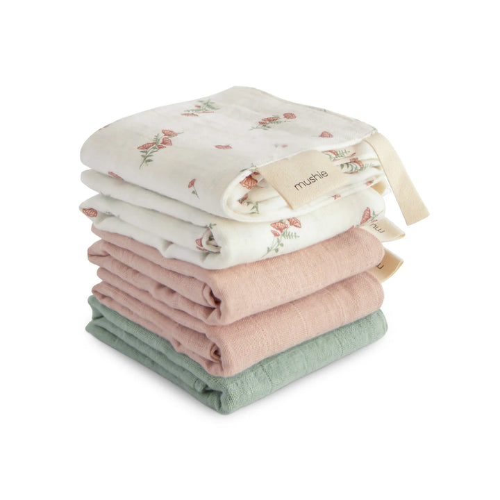 Mushie Muslin Cotton Washcloth 5-Pack Pink Flowers Combo - five folded organic cotton baby washcloths in pink floral print