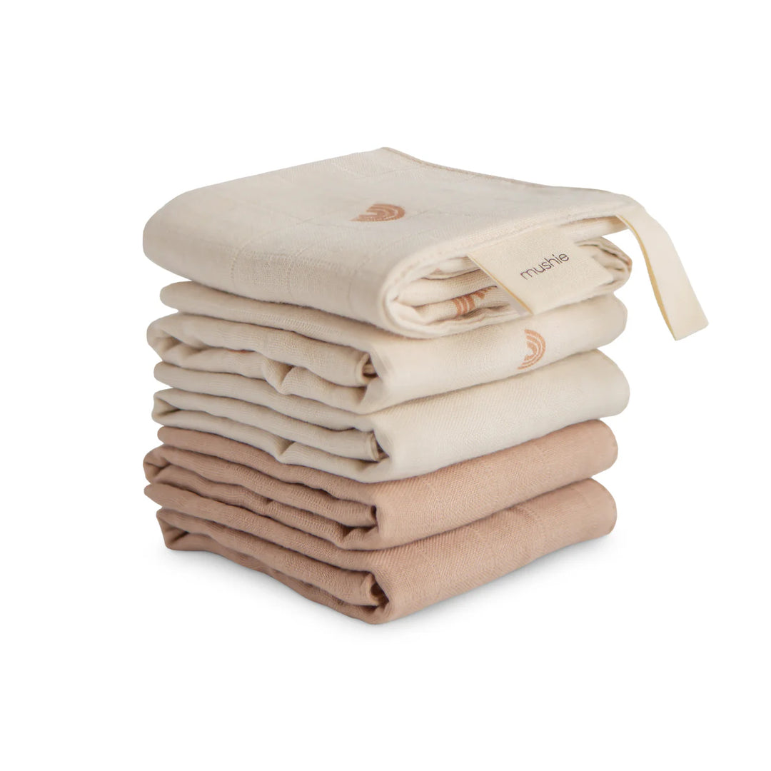 Mushie Muslin Cotton Washcloth 5-Pack Rainbow Combo - five organic cotton baby washcloths in soft rainbow tones