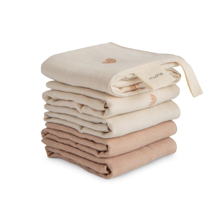 Mushie Muslin Cotton Washcloth 5-Pack Rainbow Combo - five organic cotton baby washcloths in soft rainbow tones
