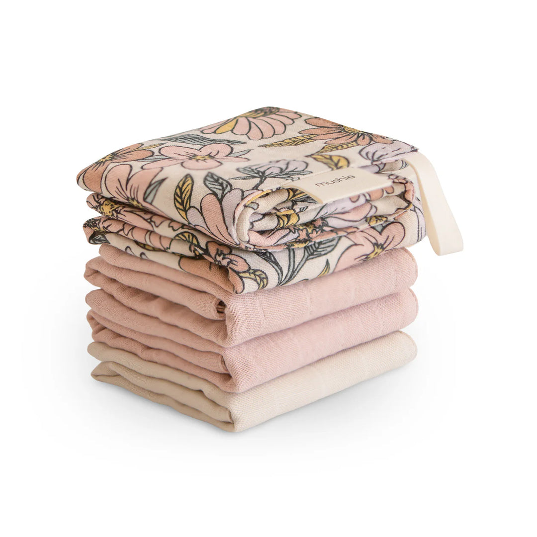 Mushie Muslin Cotton Washcloth 5-Pack Retro Flowers Combo - five folded baby washcloths in warm retro floral colorway