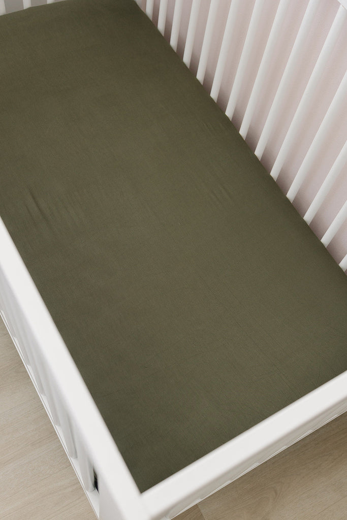 Cozy and stretchy Olive Bamboo Crib Sheet by Mebie Baby perfect fitted crib sheet