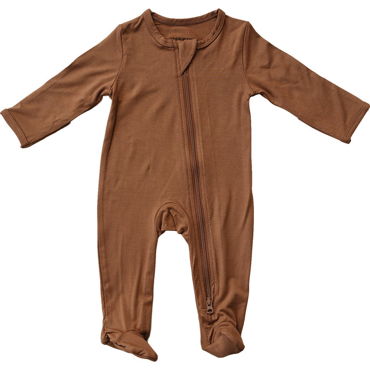 Mebie Baby Rust Bamboo Footed Zipper front view product photo highlighting the footed baby pajama