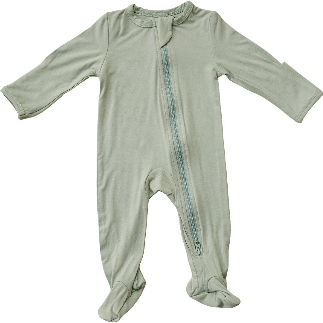 Sage Bamboo Footed Zipper by Mebie Baby, a footed baby pajama, shown in a clean front facing product shot