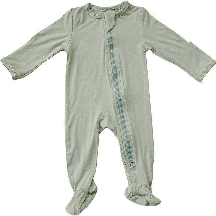Sage Bamboo Footed Zipper by Mebie Baby, a footed baby pajama, shown in a clean front facing product shot