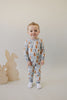 Kid wearing the dusty blue bunny bamboo set by Mebie Baby