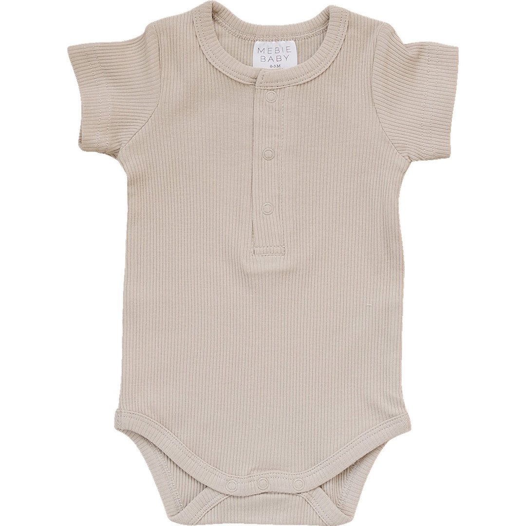 Oatmeal Organic Cotton Ribbed Snap Bodysuit by Mebie Baby, a baby essential, shown in a clean front facing product shot