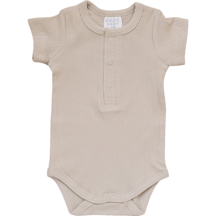 Oatmeal Organic Cotton Ribbed Snap Bodysuit by Mebie Baby, a baby essential, shown in a clean front facing product shot
