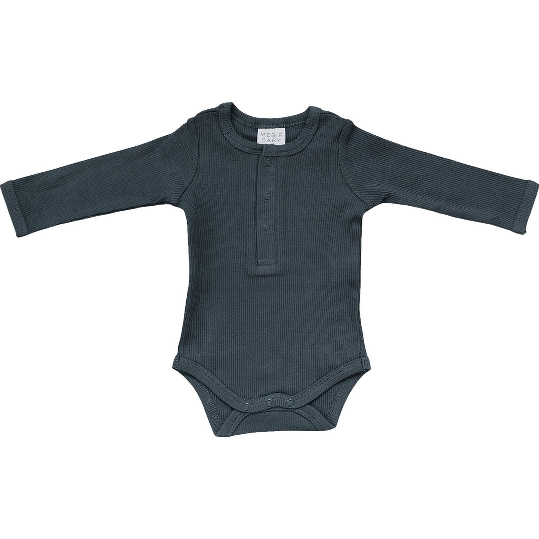 Charcoal Organic Snap Long Sleeve Ribbed Bodysuit by Mebie Baby, worn by a crawling baby.
