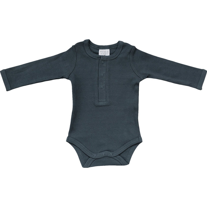 Charcoal Organic Snap Long Sleeve Ribbed Bodysuit by Mebie Baby, worn by a crawling baby.