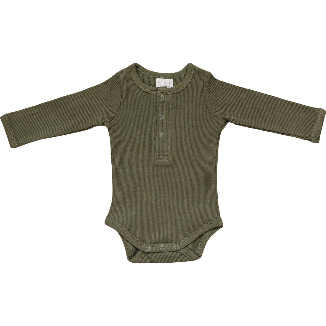 Product photo of the Mebie Baby Winter Green Organic Snap Long Sleeve Ribbed Bodysuit displaying the soft bamboo snap