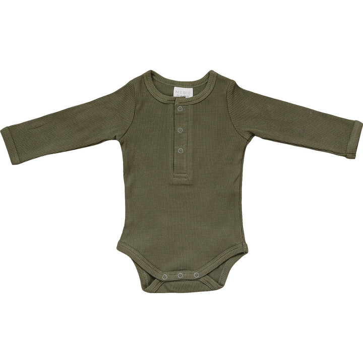 Product photo of the Mebie Baby Winter Green Organic Snap Long Sleeve Ribbed Bodysuit displaying the soft bamboo snap