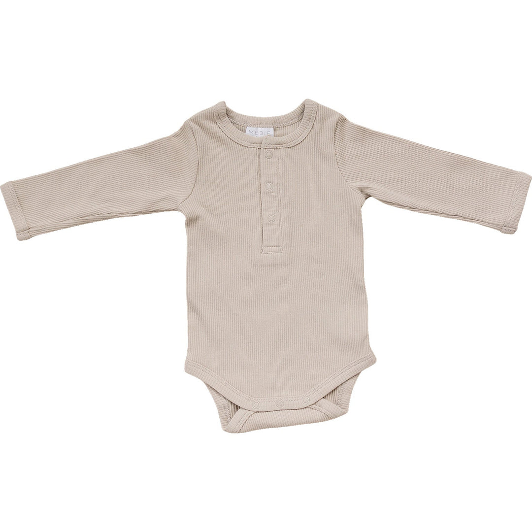 Oatmeal Organic Snap Long Sleeve Ribbed Bodysuit by Mebie Baby, worn by a crawling baby.