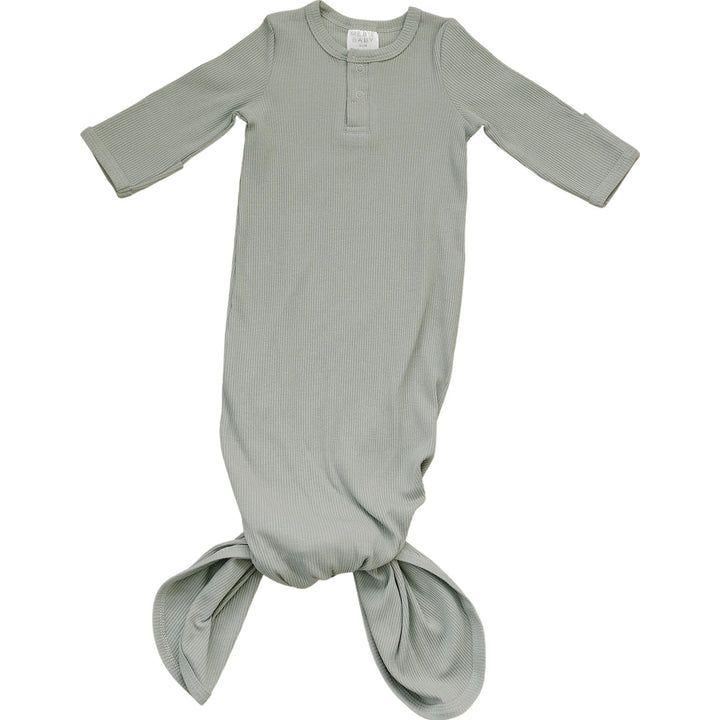Sage Organic Cotton Ribbed Knot Gown by Mebie Baby, worn by a sleeping newborn.