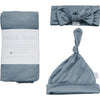 The Mebie Baby bamboo swaddle set with a blanket and a matching hat or head wrap