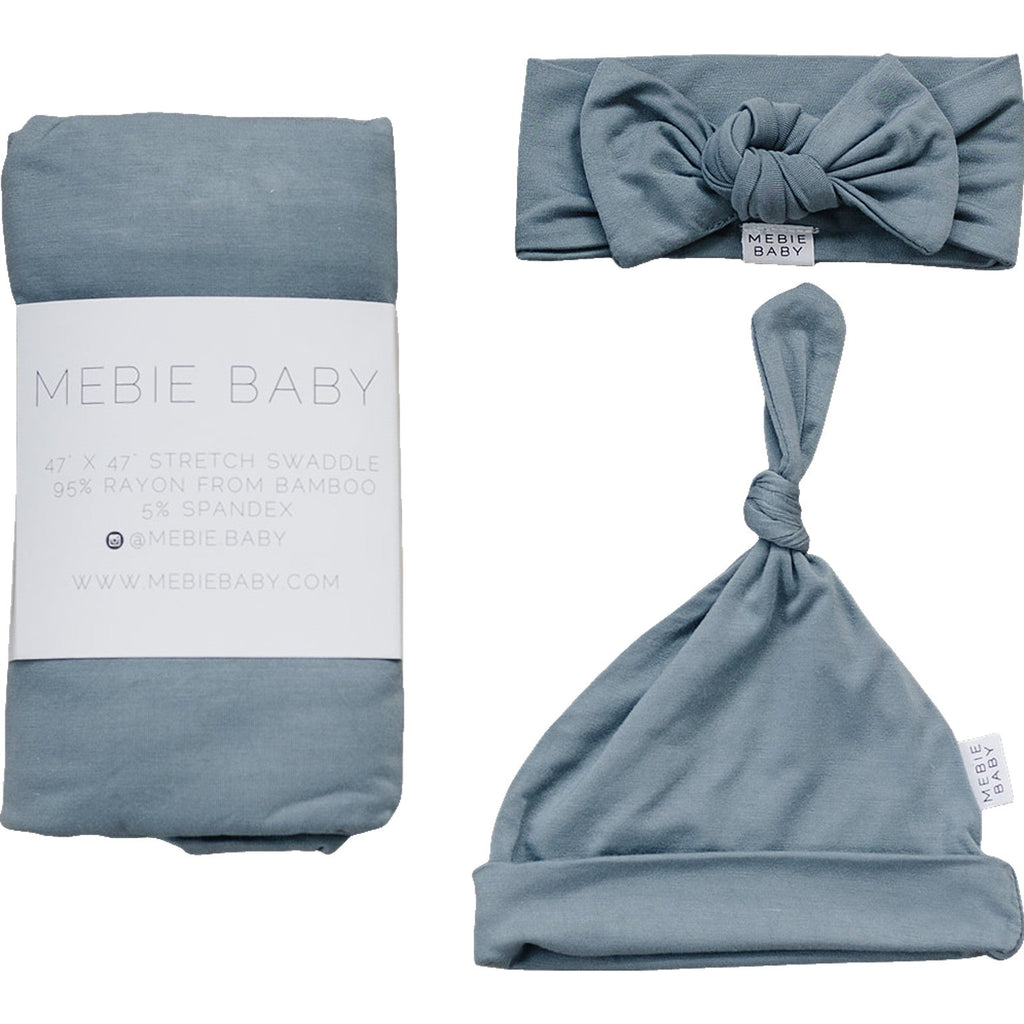 The Mebie Baby bamboo swaddle set with a blanket and a matching hat or head wrap