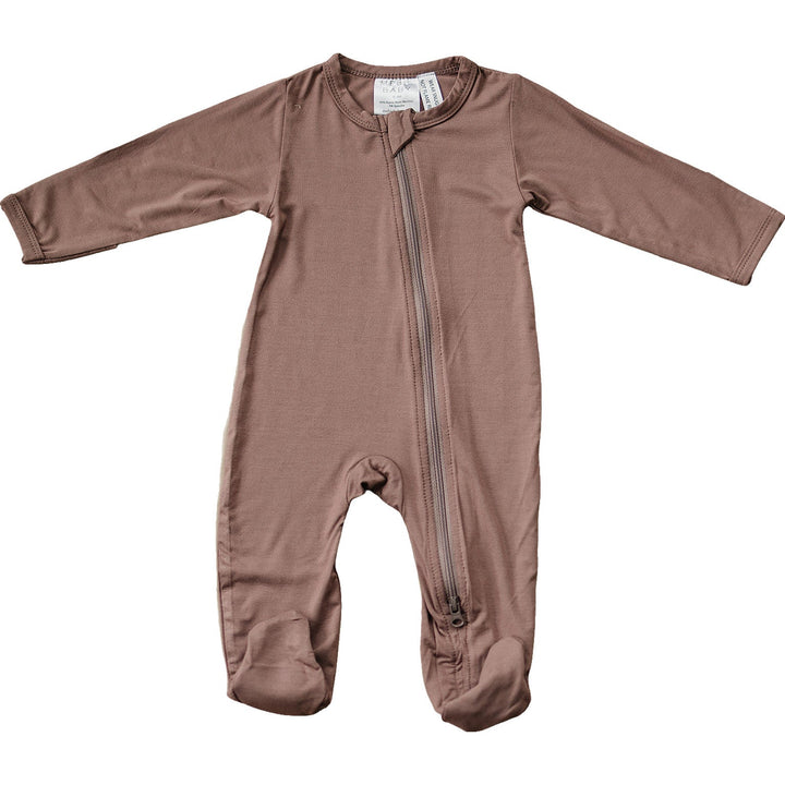 Plum Bamboo Footed Zipper by Mebie Baby, a footed baby pajama, shown in a clean front facing product shot