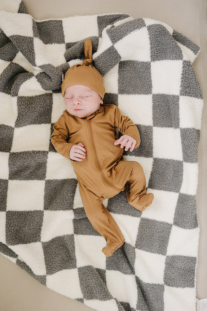Mustard Bamboo Footed Zipper shown from a different angle to highlight this footed baby pajama