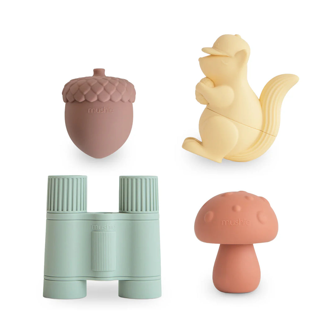 Mushie Nature Mold Free Bath Play Set 4-Pack - four silicone bath toys including mushroom, squirrel, acorn, binoculars