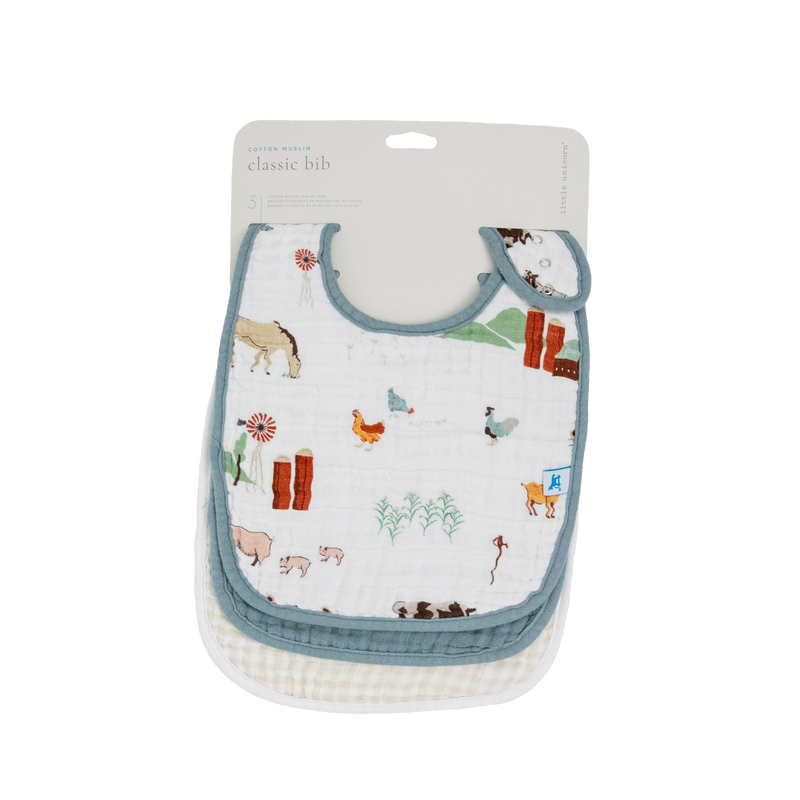 Farmyard bib set from Little Unicorn, practical bib for baby with easy clean fabric