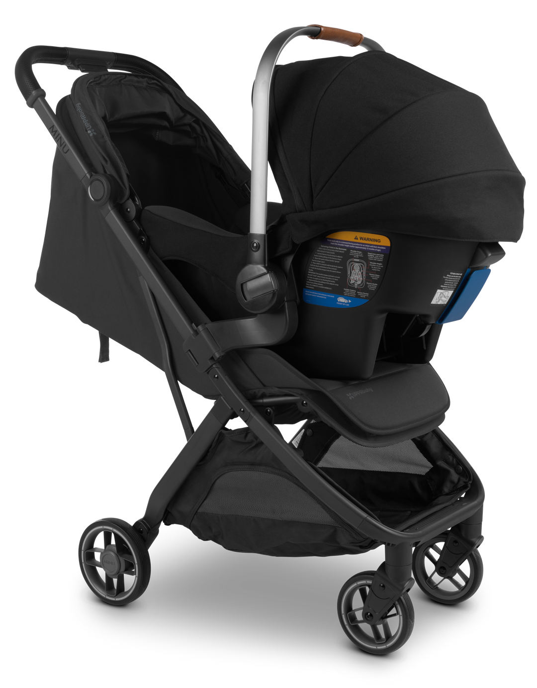 Maxi-Cosi car seat compatible with UPPAbaby Minu V3 stroller, featuring easy-to-use adapters for convenient strolling.