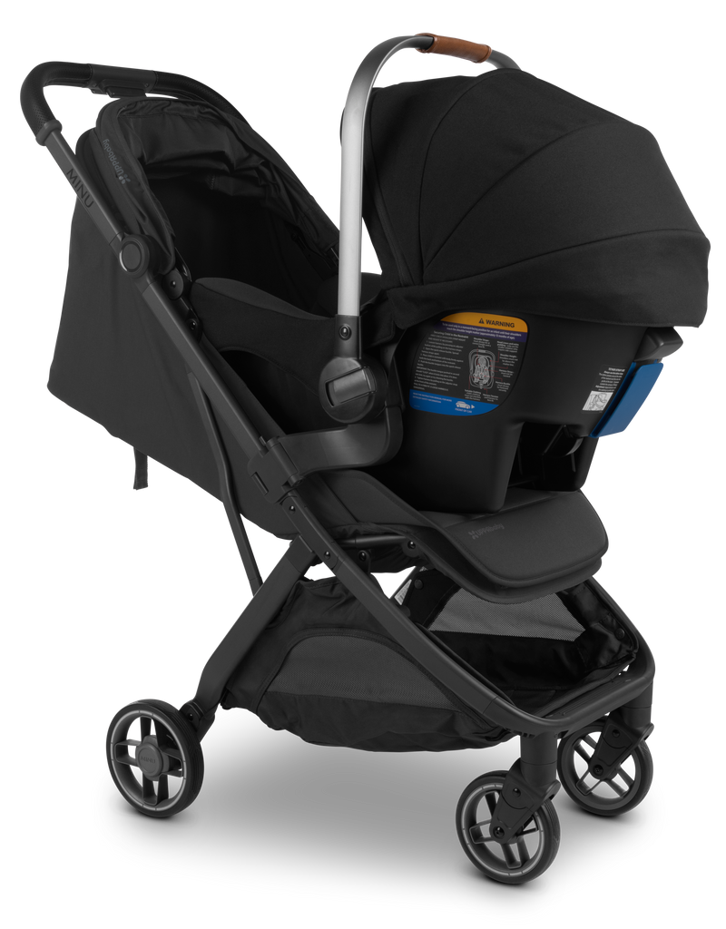 Maxi-Cosi car seat compatible with UPPAbaby Minu V3 stroller, featuring easy-to-use adapters for convenient strolling.