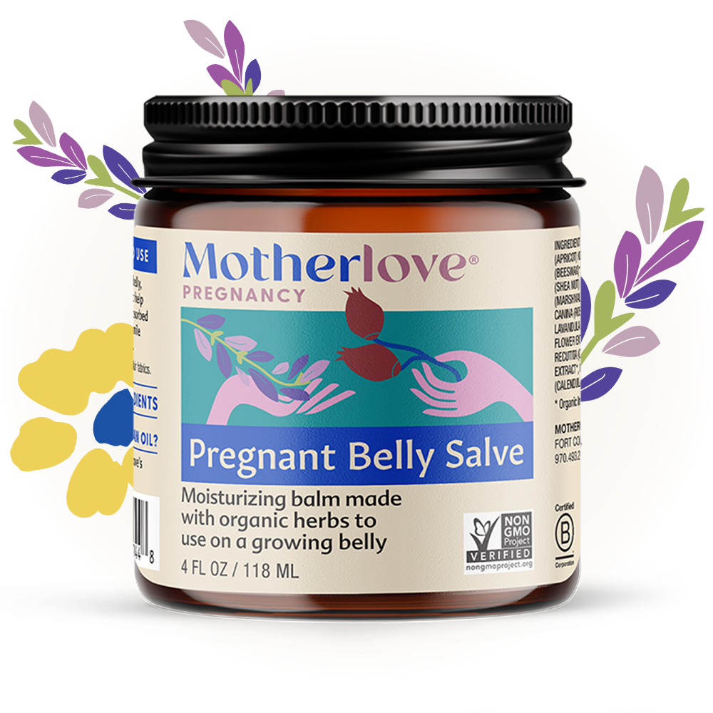 Motherlove Pregnant Belly Salve displayed with herbs, a rich formula made for gentle pregnancy safe skincare.