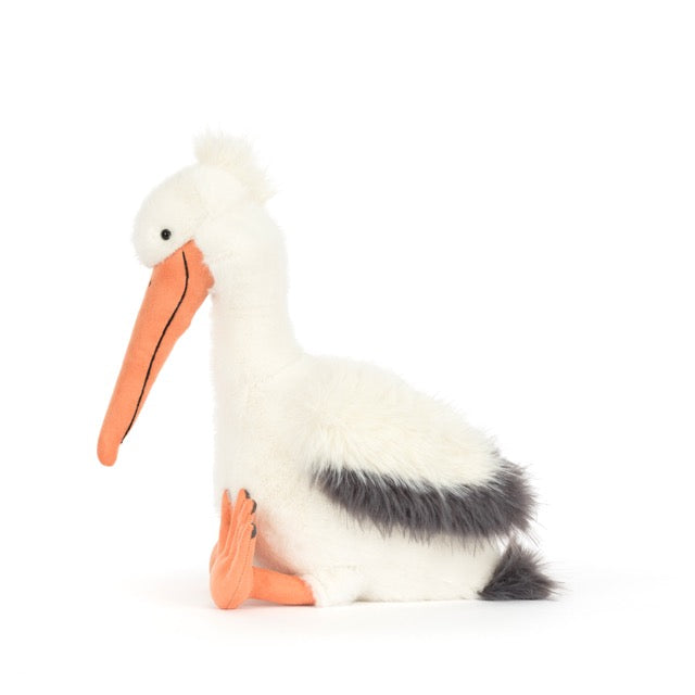 Jellycat Keli Pelican close-up of expressive face and head tuft – ultra-soft polyester plush bird toy from High Summer 2026 collection