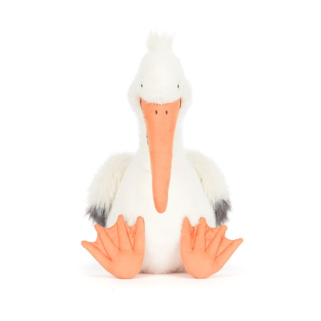 Jellycat Keli Pelican from behind showing fluffy tail feathers – over-a-foot-tall pelican plush, hand wash only, for ages 12 months and up