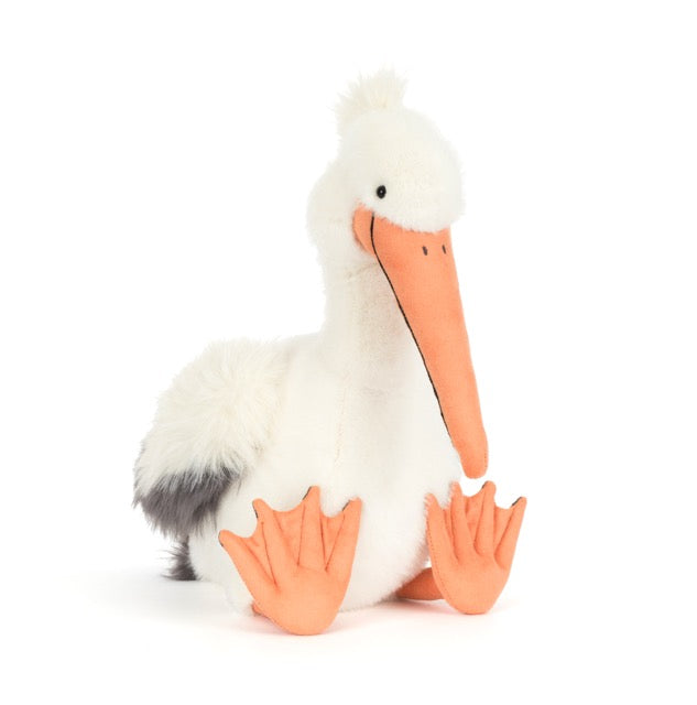 Jellycat Keli Pelican stuffed animal full view – large white plush pelican with yellow beak and tufted head, 13.4 x 11 inch