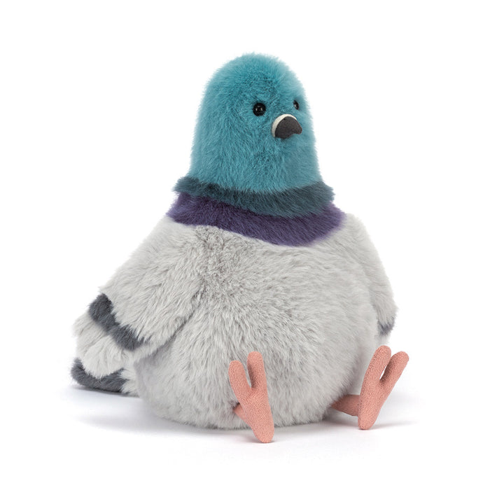 Jellycat Strutton Pigeon plush toy sitting front view soft pigeon stuffed animal gray bird plush nursery toy cuddly baby safe plush gift for kids and collectors
