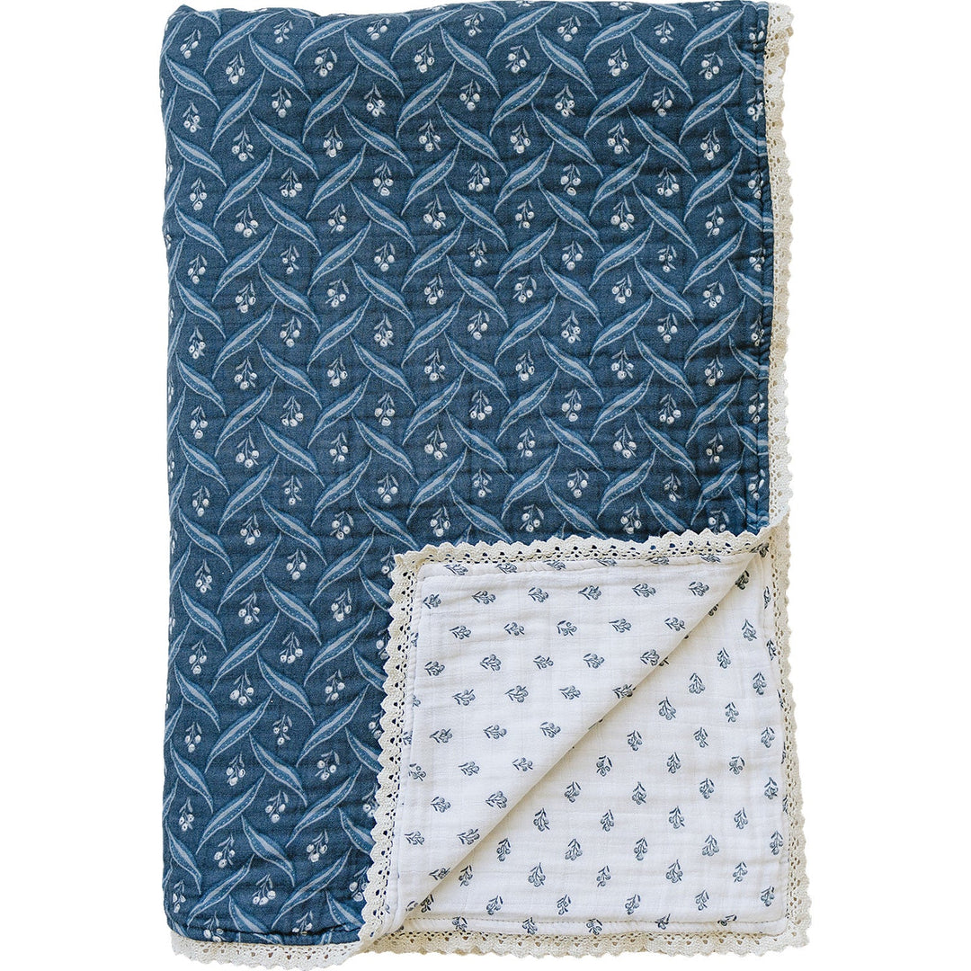 Soft and cozy, the Navy Berry + Cream Berry Lace Twin Muslin Quilt by Mebie Baby is a gentle muslin baby blanket.