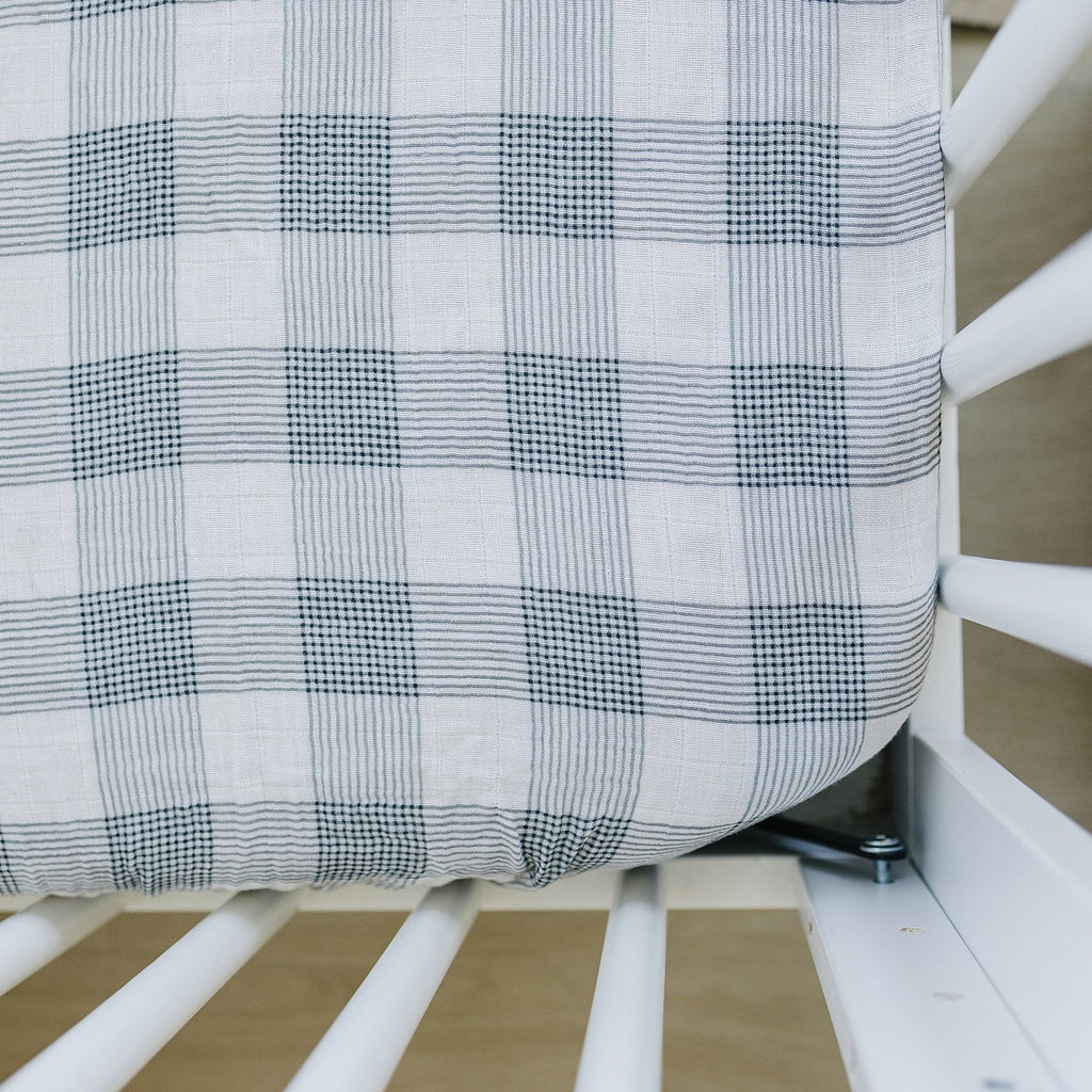 Coastal Plaid Muslin Crib Sheet by Mebie Baby, plaid crib sheet set in coastal design