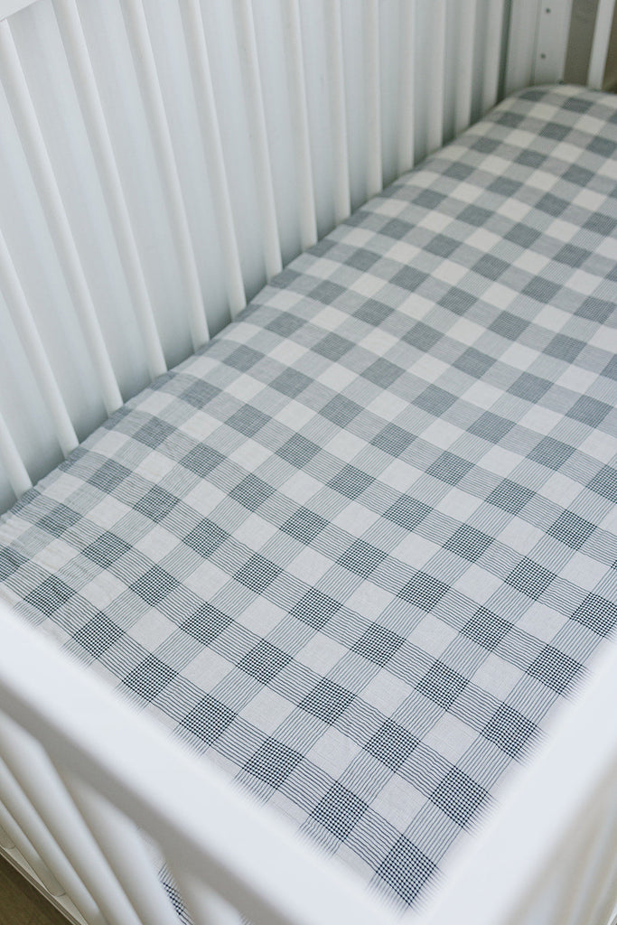 Coastal Plaid Muslin Crib Sheet by Mebie Baby in blue, neutral crib sheets for babies