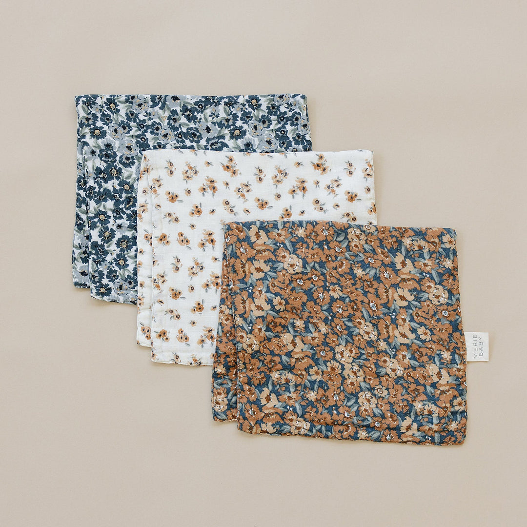 Soft and gentle muslin burp cloths for babies, featuring the Mebie Baby Venetian Floral design.