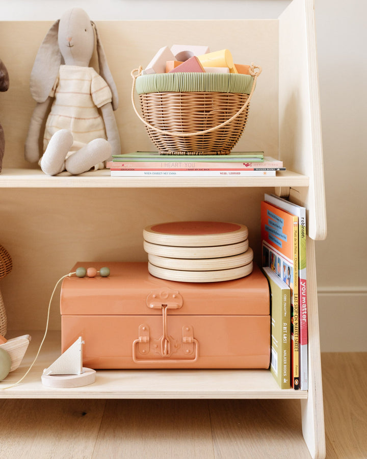 close-up shot of piccalio wooden shelf with books and toys present