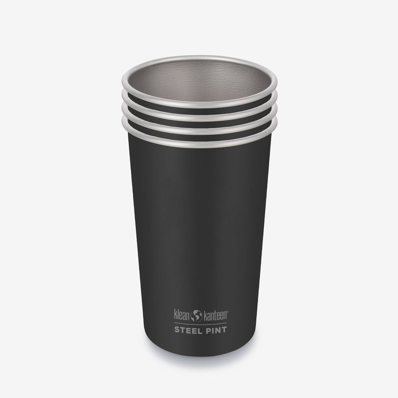 Closeup of Black Klean Kanteen 16oz Pint Cup Four Pack, stainless steel and metal construction.