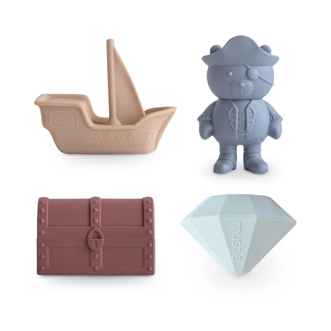 Mushie Pirate Mold Free Bath Play Set - four silicone bath toys including pirate ship, bear, treasure chest, diamond