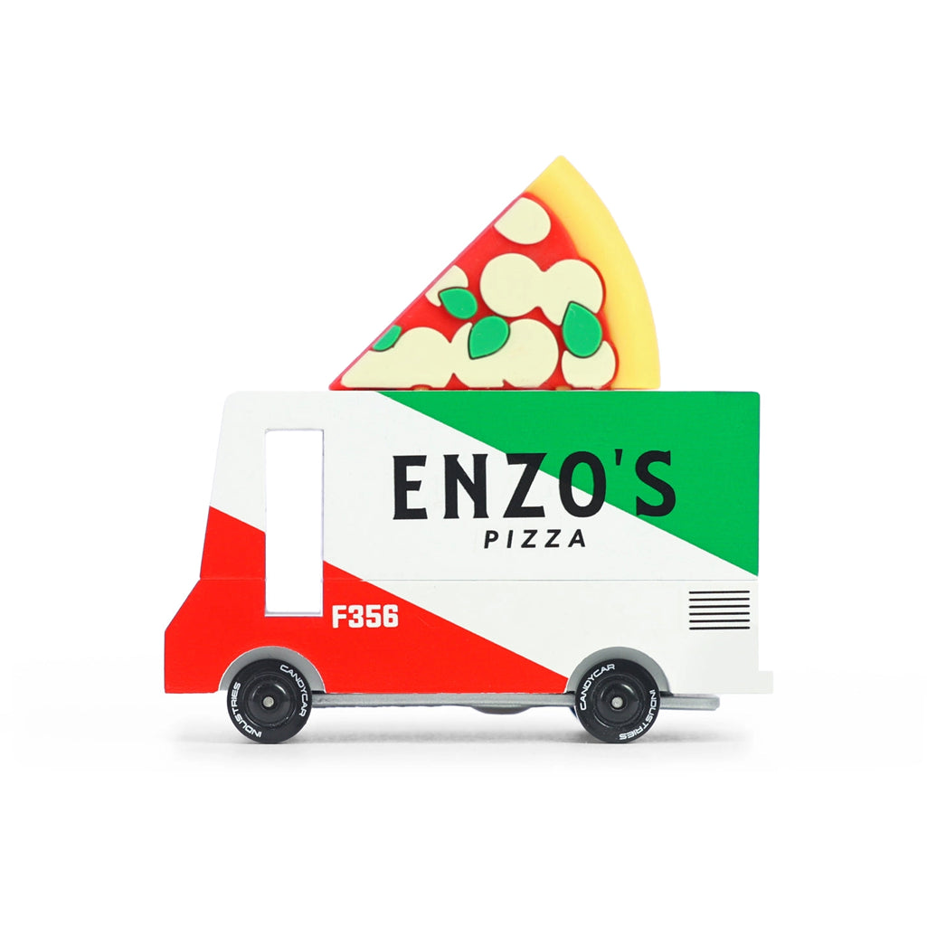 Candylab Toys pizza van wooden toy car designed for kids to enjoy pretend food truck play