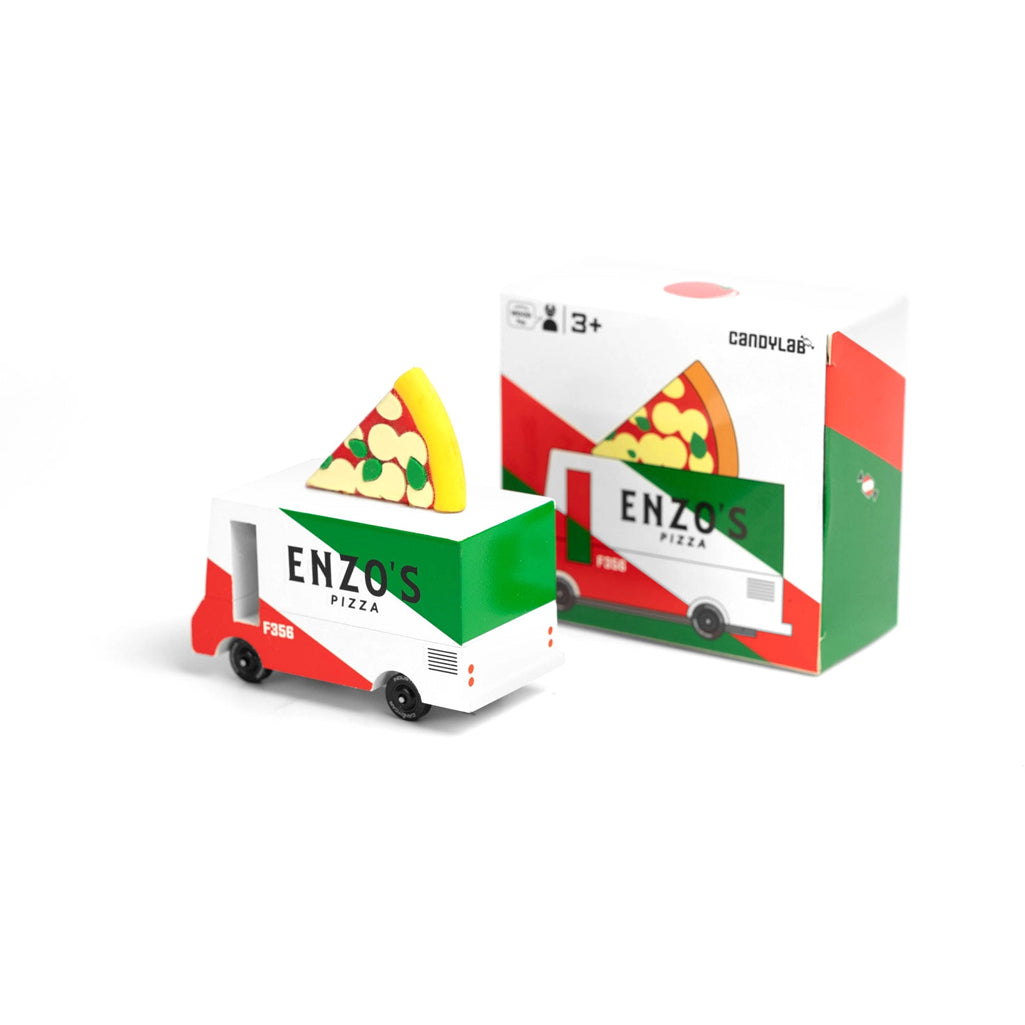 Candylab Toys wooden pizza van ideal for children to act as pizza delivery drivers in pretend play