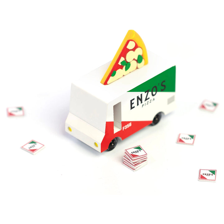 Back view of Candylab Toys pizza van wooden toy highlighting detailed design and vibrant colors