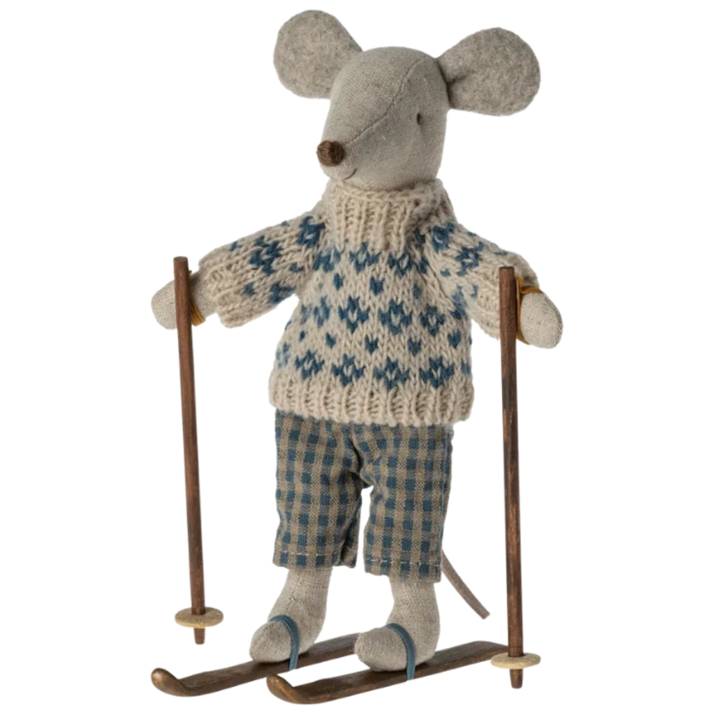 Maileg Dad Winter Mouse with Ski Set. Pretend Play