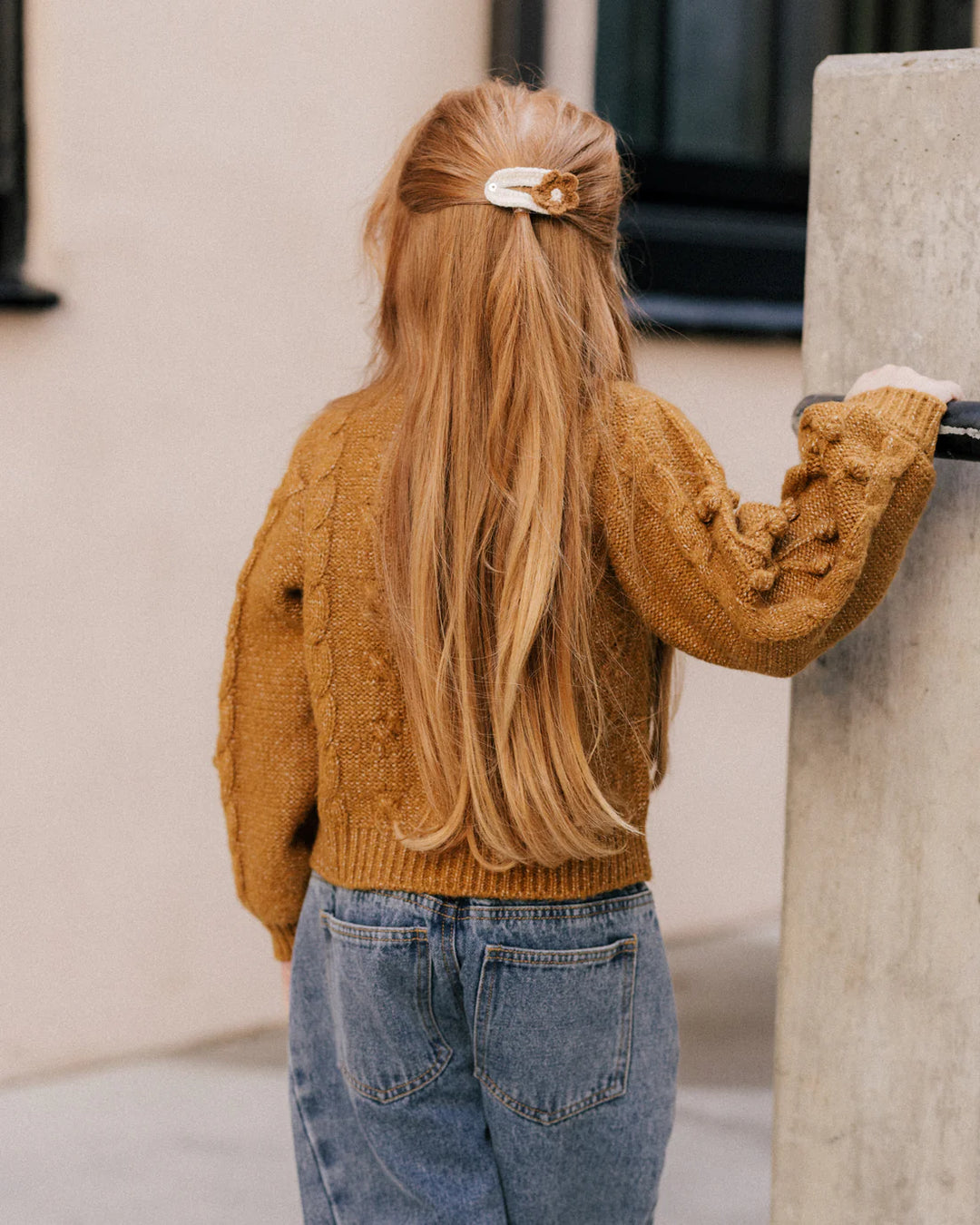 Rylee & Cru Crochet Clips styled on toddler, flower hair clips for everyday wear