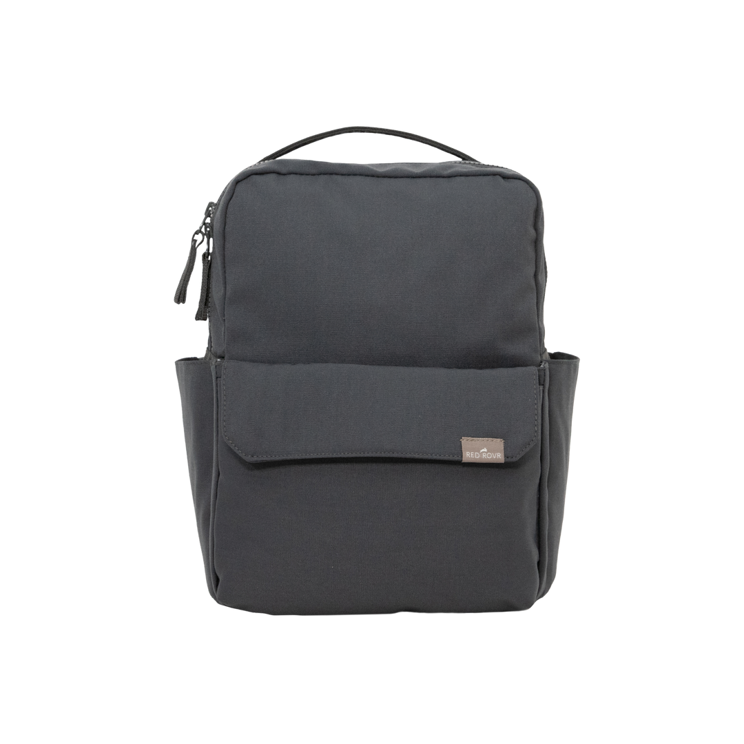 Little Unicorn Red Rovr Mini Roo Backpack in Charcoal displayed upright, a stylish essential among kids backpacks.
