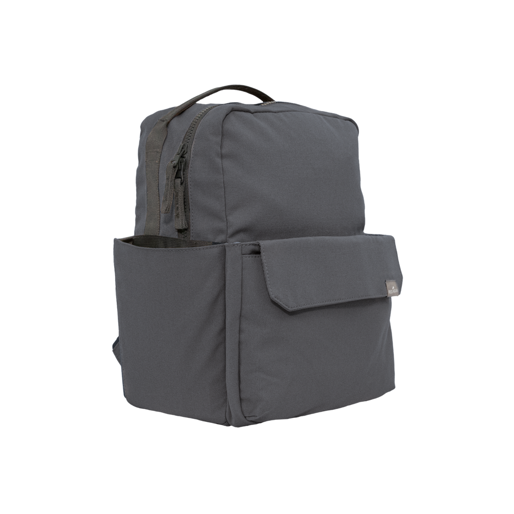 Front view of the Little Unicorn Red Rovr Mini Roo Backpack - Charcoal, a compact and durable kids backpack.