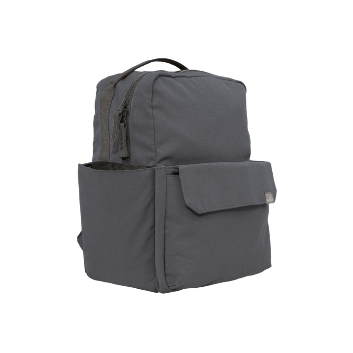 Front view of the Little Unicorn Red Rovr Mini Roo Backpack - Charcoal, a compact and durable kids backpack.