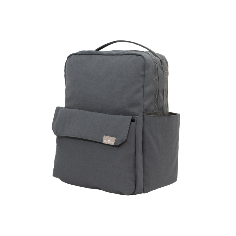 Top handle detail on the Little Unicorn Red Rovr Mini Roo Backpack - Charcoal, designed for easy carrying as a kid backpack.