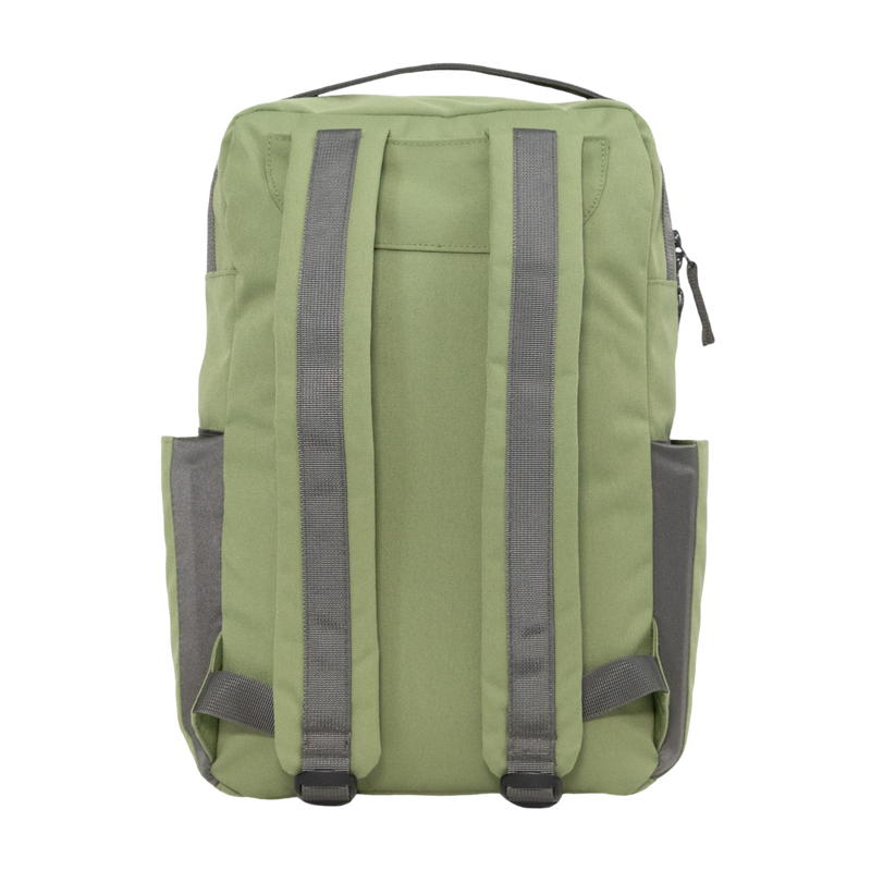 A side angle of the Little Unicorn Red Rovr Roo Backpack - Moss reveals its sleek shape and everyday practicality in backpacks for kids.