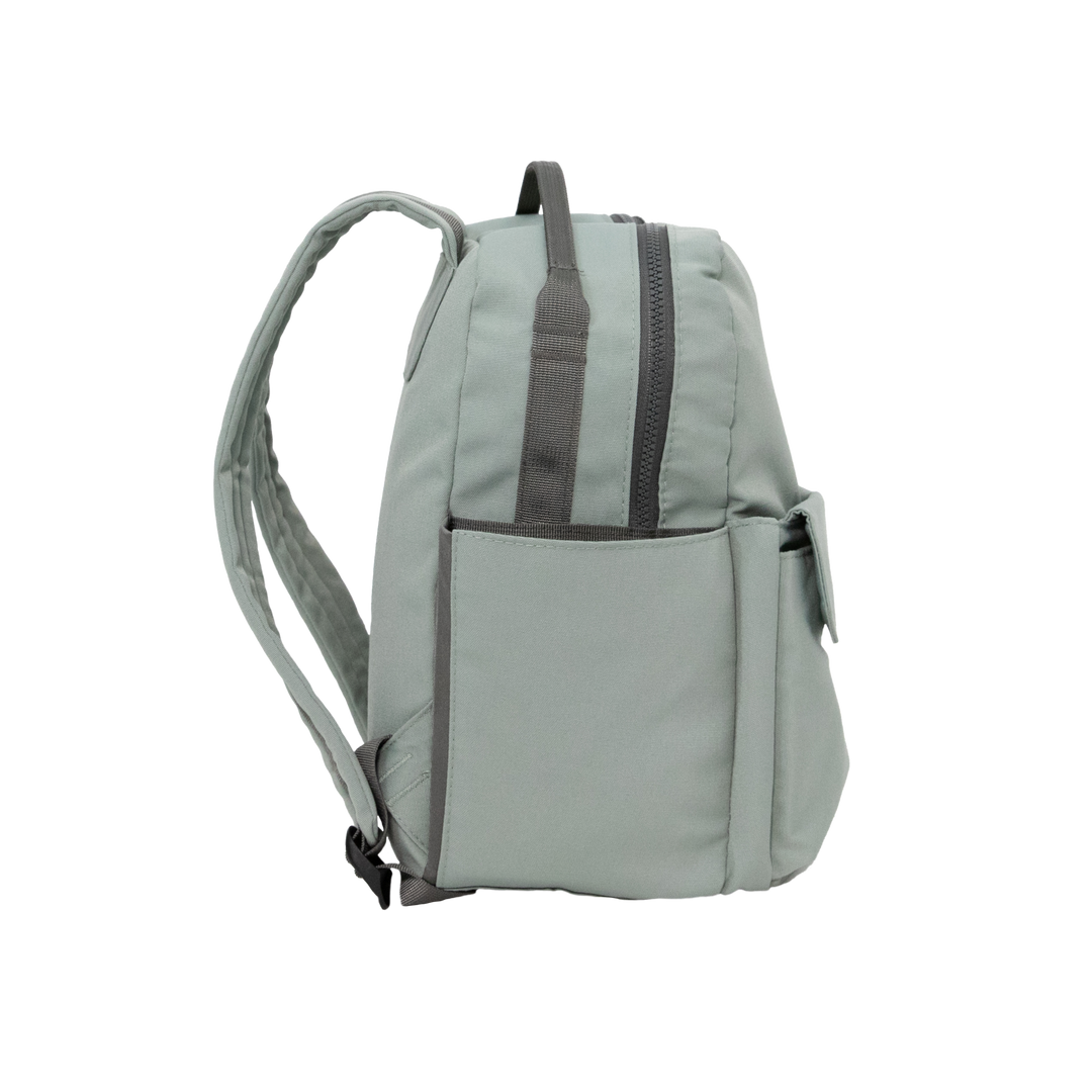 Angled image of the Little Unicorn Red Rovr Mini Roo Backpack - Sage, ideal for trendy and functional kid backpacks.
